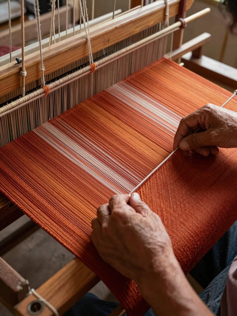 Close-up of a craftsman's hands weaving a richly dyed textile on a wooden loom, natural north-facing daylight falling across the threads, warm ochre and rust tones visible in the fabric, left-frame composition with workspace edge visible