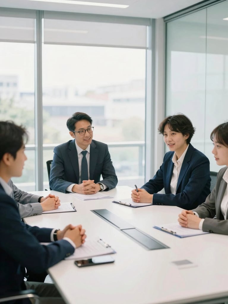Collaborative team session in a clean glass-walled conference room, natural daylight, professional and candid expressions, 35mm