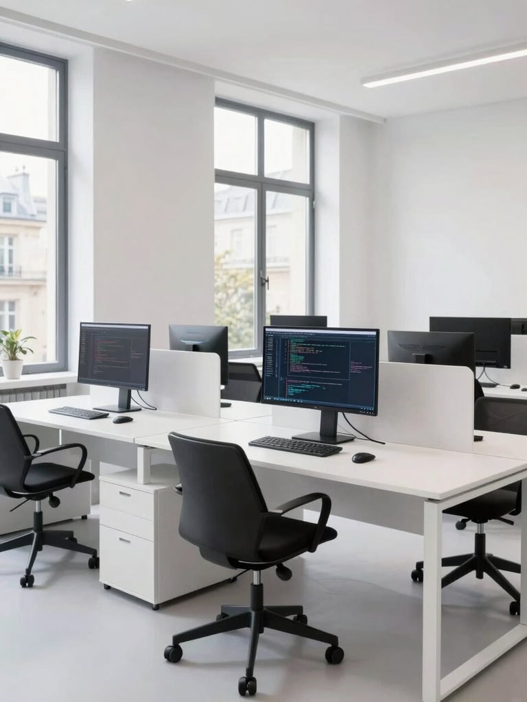 Bright modern digital agency office in Paris, clean white desks, large windows with soft natural daylight, developer screens showing code, minimalist workspace
