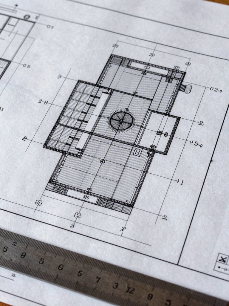 Extreme close-up of a large-format technical blueprint spread flat under daylight, showing precise dimension annotations, structural grid lines, and hand-marked measurement corrections in pencil, a steel ruler resting at the lower edge, shot from directly overhead at a slight angle, forensic and exacting, no people visible
