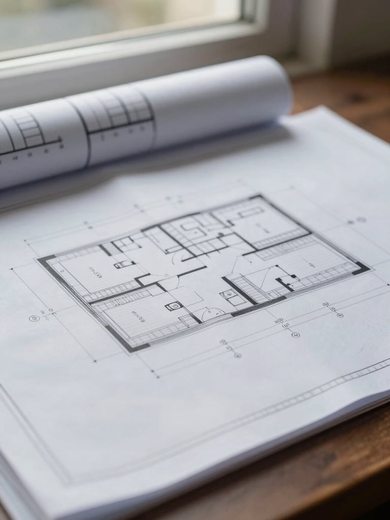 Extreme close-up of a folded architectural blueprint spread across a site table, measurement annotations and grid lines in sharp focus, daylight-balanced illumination from a high window, deep navy and white paper tones, no people visible