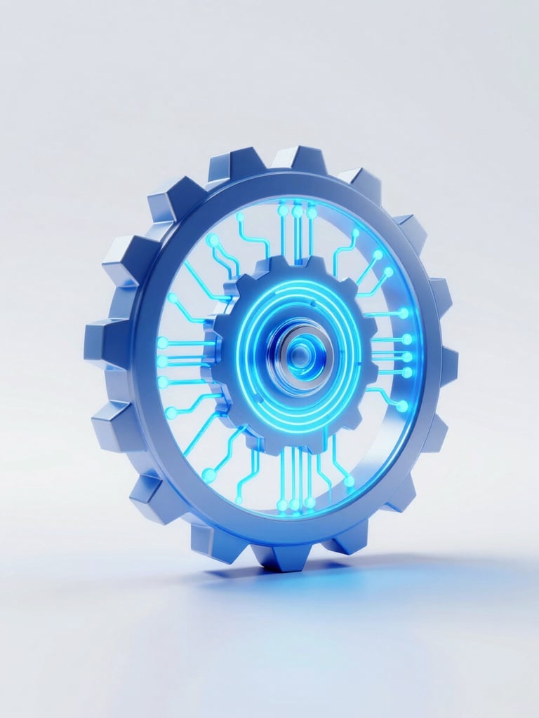 A crisp 3D render of a futuristic holographic gear and circuitry glowing with electric blue light, set against a clean slate background, high-tech corporate aesthetic, octane render, 8k
