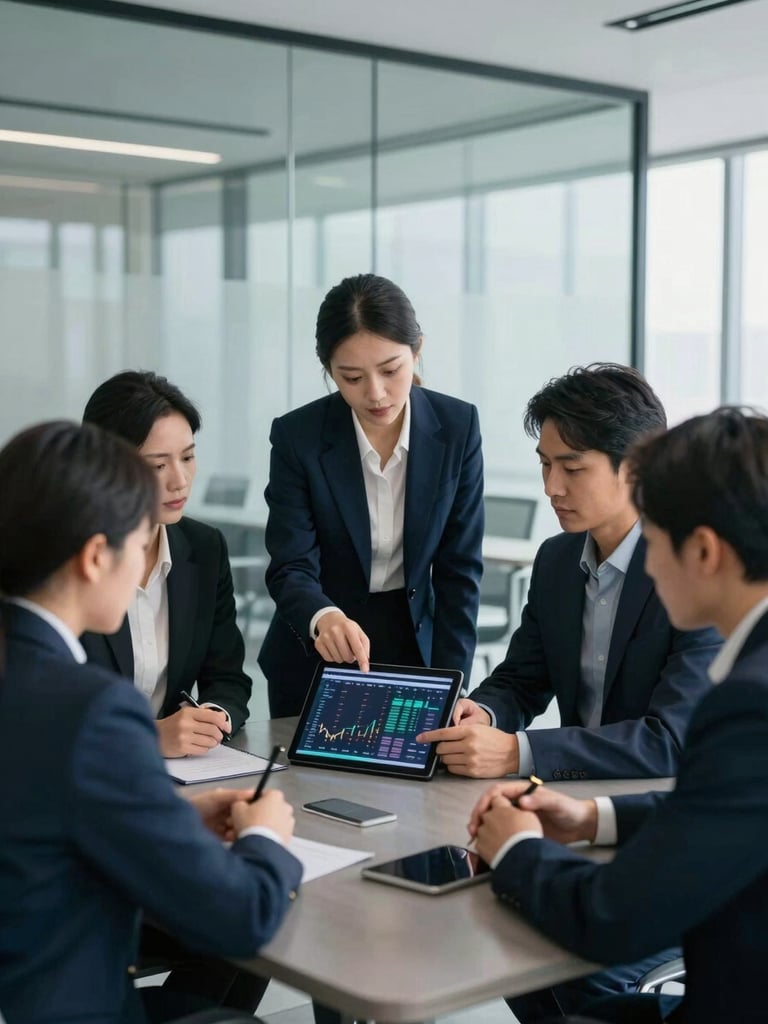 Professional team collaborating in a modern glass-walled meeting room, focused on a tablet displaying financial data, cool natural light, high contrast, deep navy and slate tones, portrait aspect.