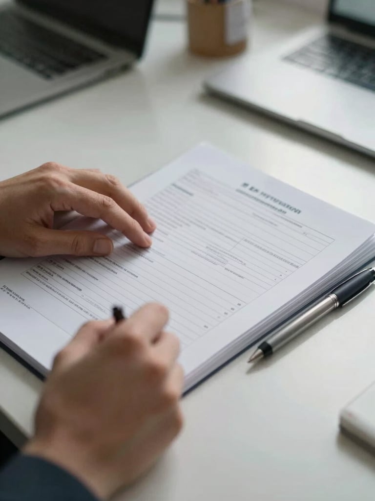 Close-up of hands turning pages of a paper MDS form on a clinical desk, soft daylight from the right, pen resting beside the form, documentation detail visible, quiet administrative workspace