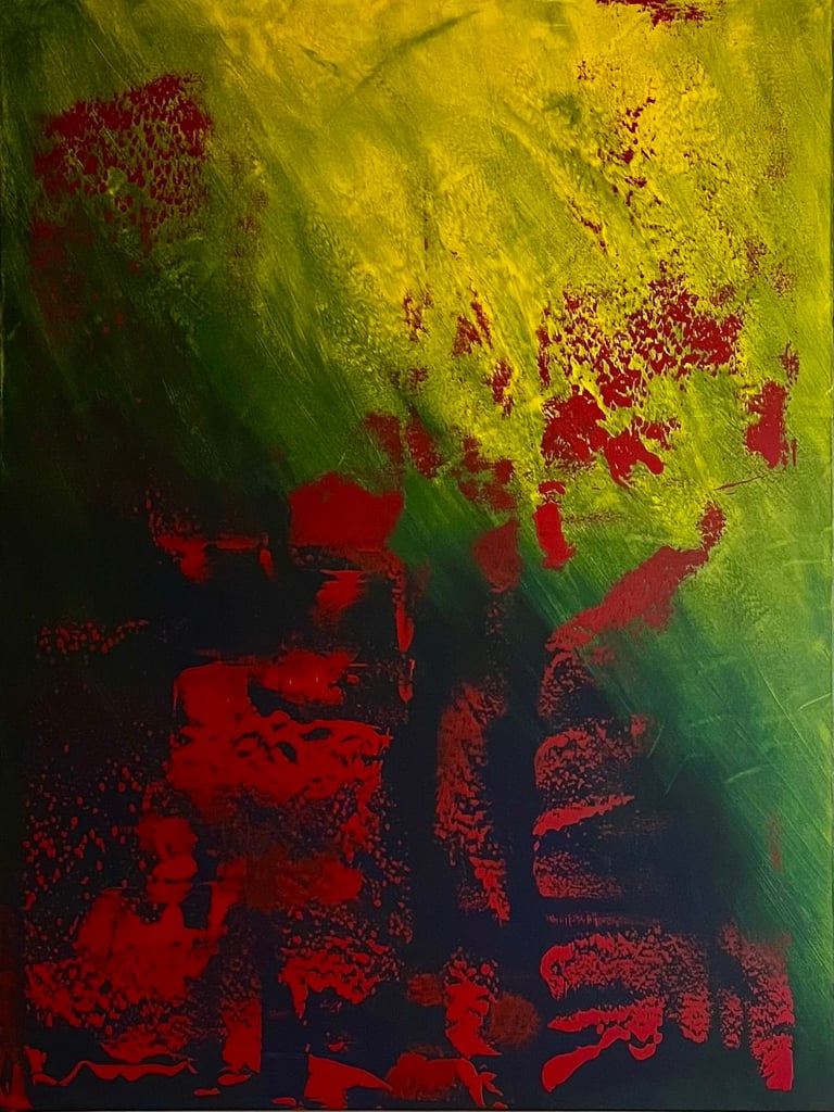 Acrylic painting Acrylbild Acryl Gemälde Bild abstrakt Vulkan dunkel blau rot grün gelb Feuer Lava