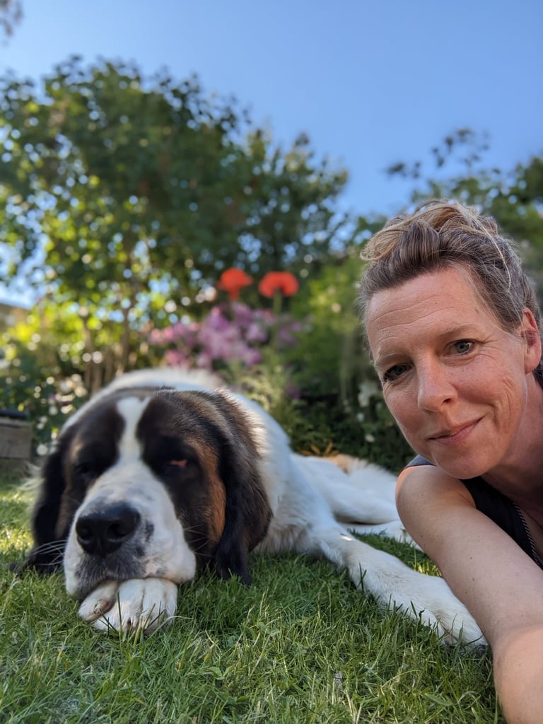 Hund und Mensch auf einer Wiese liegend