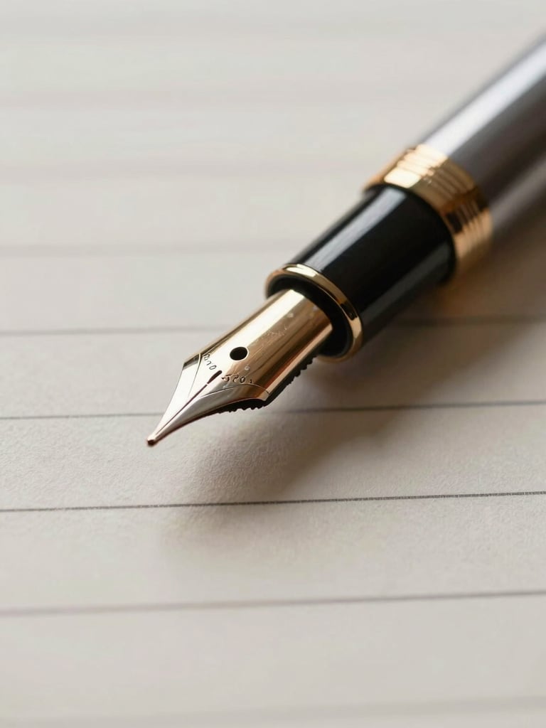 Macro shot of a classic fountain pen resting on structured, high-grammage legal paper, soft lateral natural light from a window, warm tones.