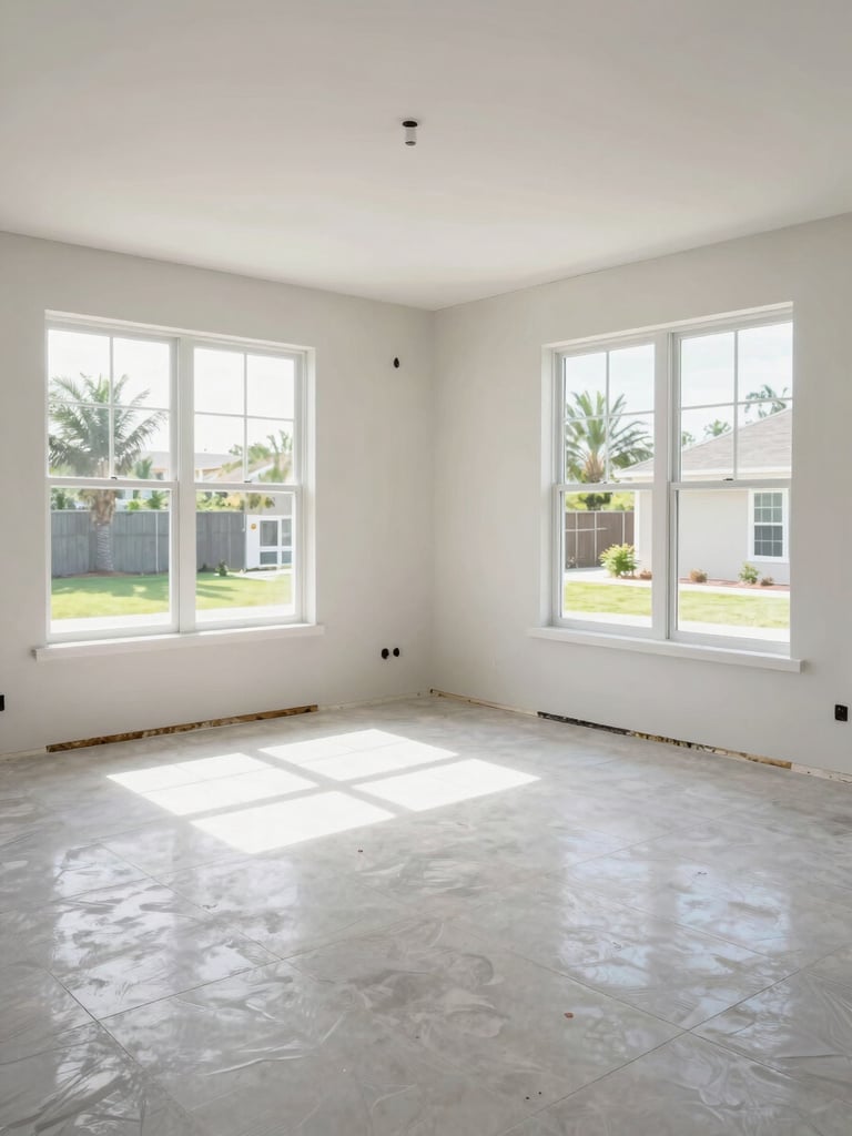 Wide-angle interior shot of a South Florida residential remodeling project during final inspection, showcasing clean tile lines, flawless stucco joints, and bright natural daylight streaming through impact windows.