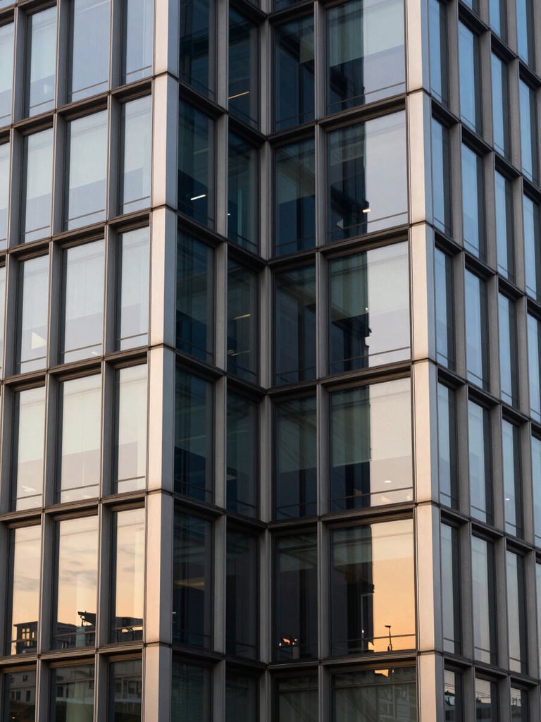 Symmetrical architectural shot of a modern corporate building facade with clean steel lines and warm golden sunset reflections on glass panels, editorial corporate style