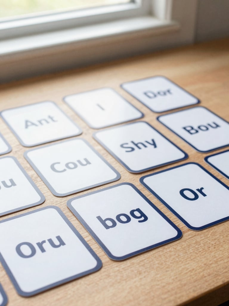 Close-up of hand-made physical English vocabulary flashcards neatly arranged on a clean wooden desk, soft natural window light, shallow depth of field, warm editorial photography