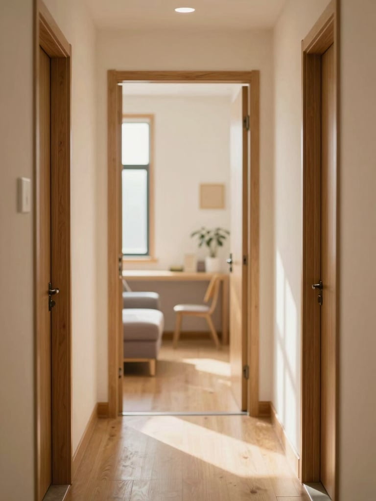 Warm editorial photography of a clean, sunlit corridor with wooden accents, leading to a therapy room, soft natural daylight, shallow depth of field, 35mm