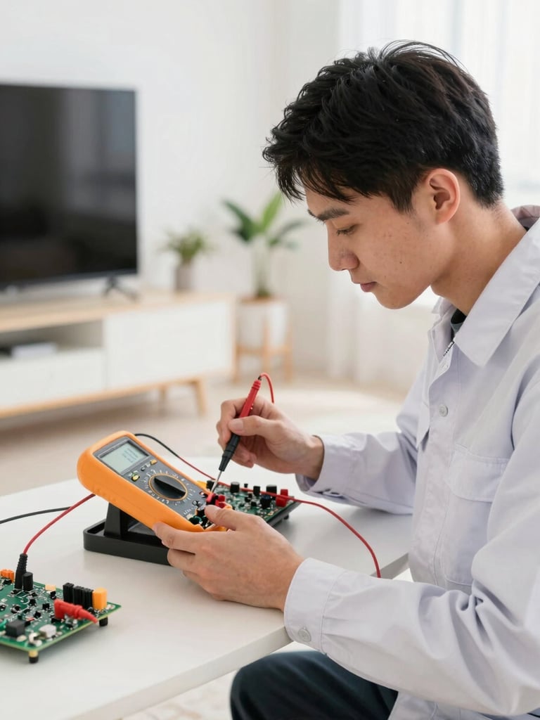 A professional technician in a clean uniform using a digital multimeter to test a smart TV circuit board, bright natural indoor lighting, sharp focus on hands, 35mm.