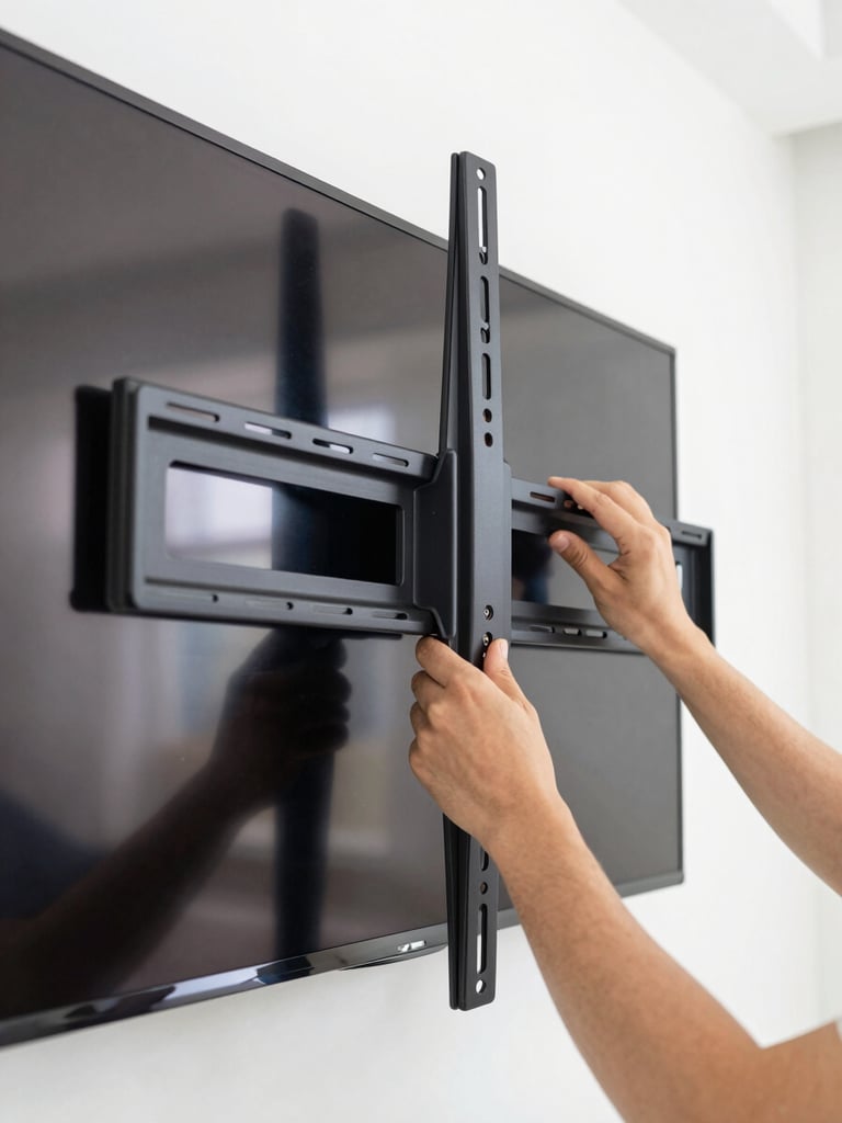 Close-up of hands carefully securing a flat-screen TV onto a heavy-duty wall mount, clean cable management visible, bright indoor lighting, sharp focus