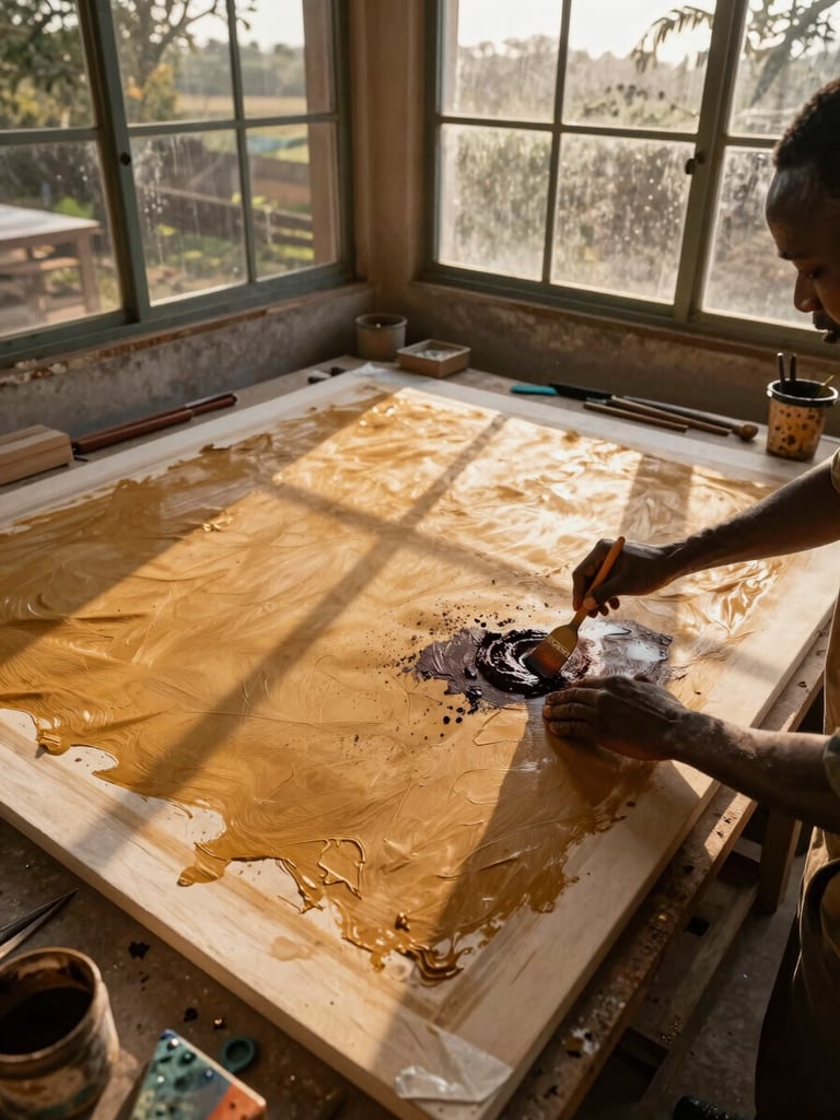 Overhead wide frame of an African painter's studio at golden hour — large canvas stretched on the floor, hands visible mid-gesture applying pigment with a broad palette knife, rich ochre and deep umber tones catching raking afternoon light through tall north-facing windows, paint-stained tools arranged to the right edge