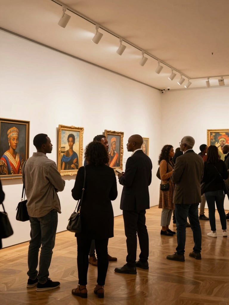 Wide environmental photograph of a crowded African art exhibition opening in a Parisian gallery space, artworks illuminated on white walls, well-dressed visitors of African descent engaged in conversation, warm incandescent gallery lighting, golden hour quality indoors