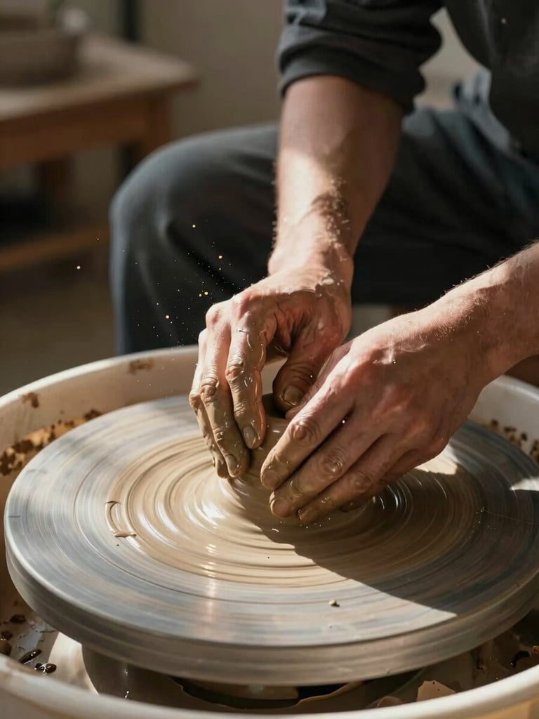 Wide vertical frame, intimate close-up of a sculptor's hands pressing wet clay on a rotating wheel, natural north-facing studio light raking across the surface, golden dust particles suspended mid-air, deep earth tones