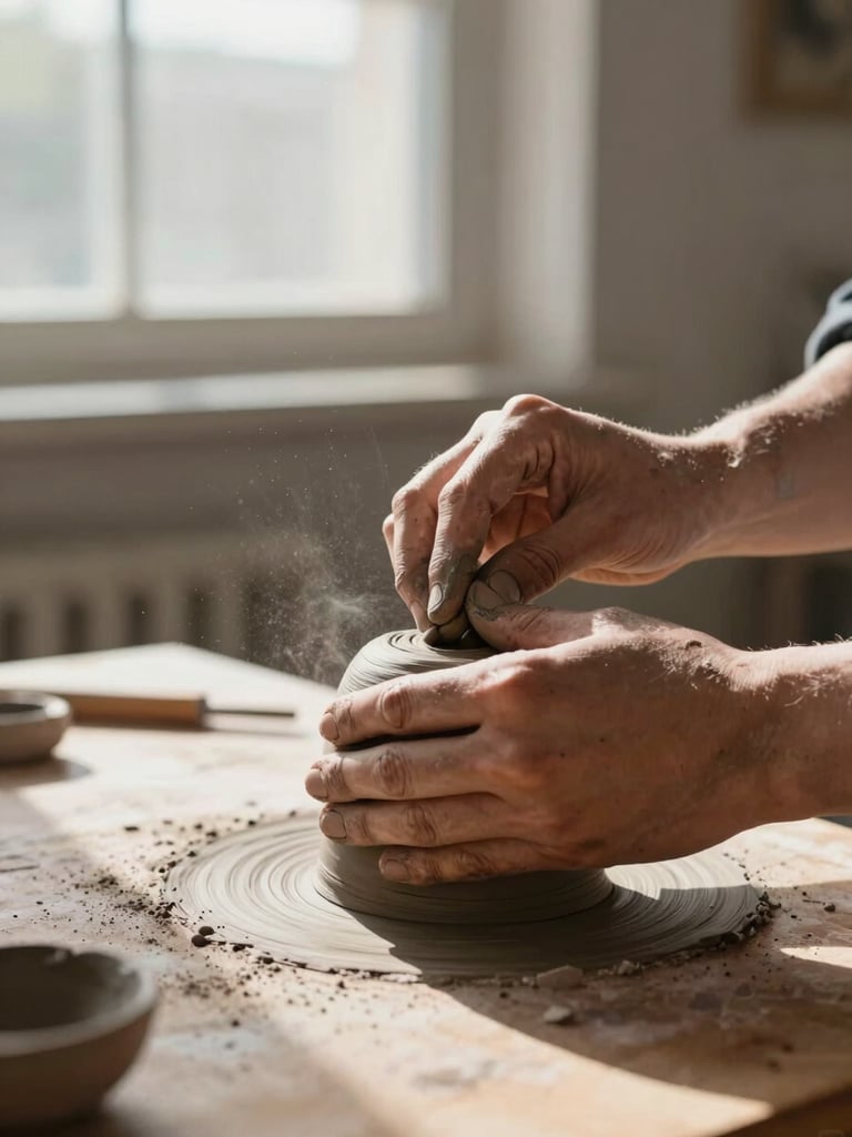 Close-up intimate shot of a sculptor's hands shaping dark clay on a wooden table, natural north-facing daylight from a tall window casting soft directional shadows, fine dust particles suspended mid-air, terracotta and ochre tones