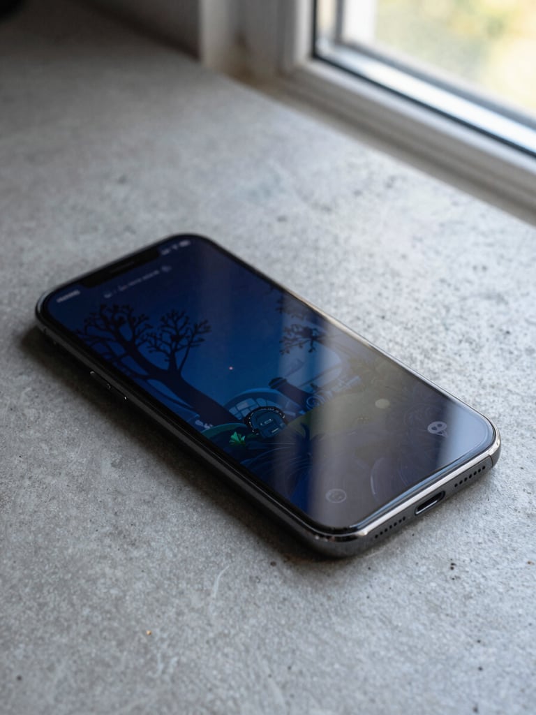 Wide portrait crop of an Android game running on a phone, tight environmental shot on a concrete desk surface, natural daylight from a side window, deep indigo game world rendered on screen, no hands or faces