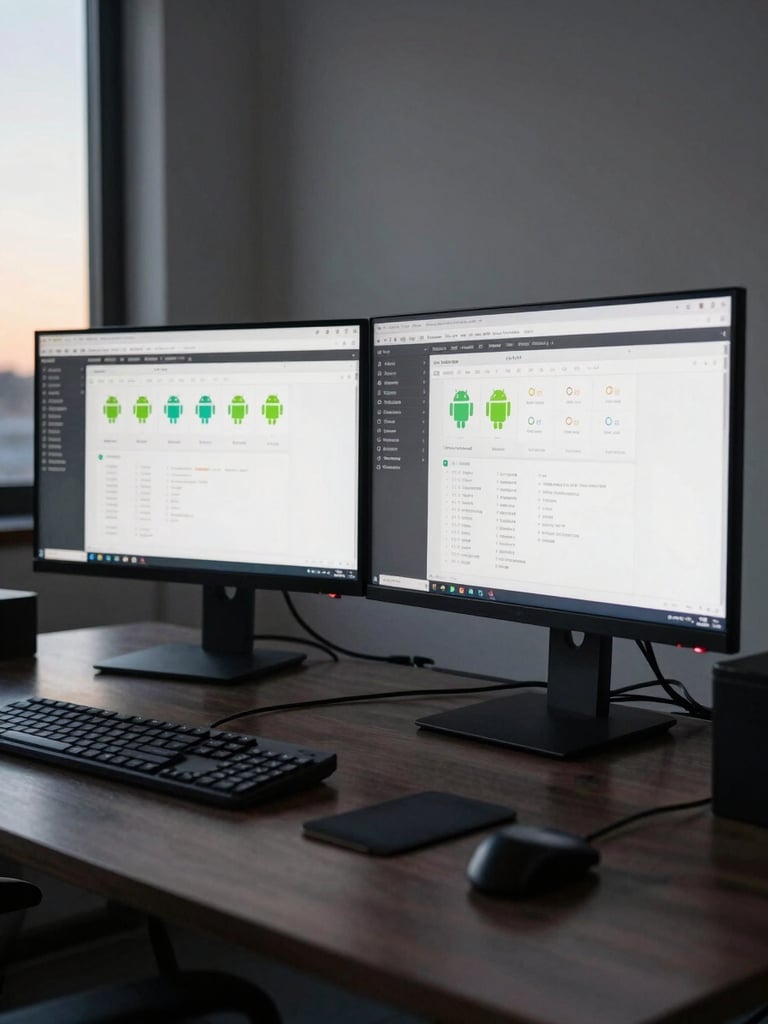 Wide shot of a developer workspace at dusk, two large monitors displaying Android UI wireframes side by side on a dark desk, natural window light fading at left edge, tools and cables in sharp foreground detail, no people visible