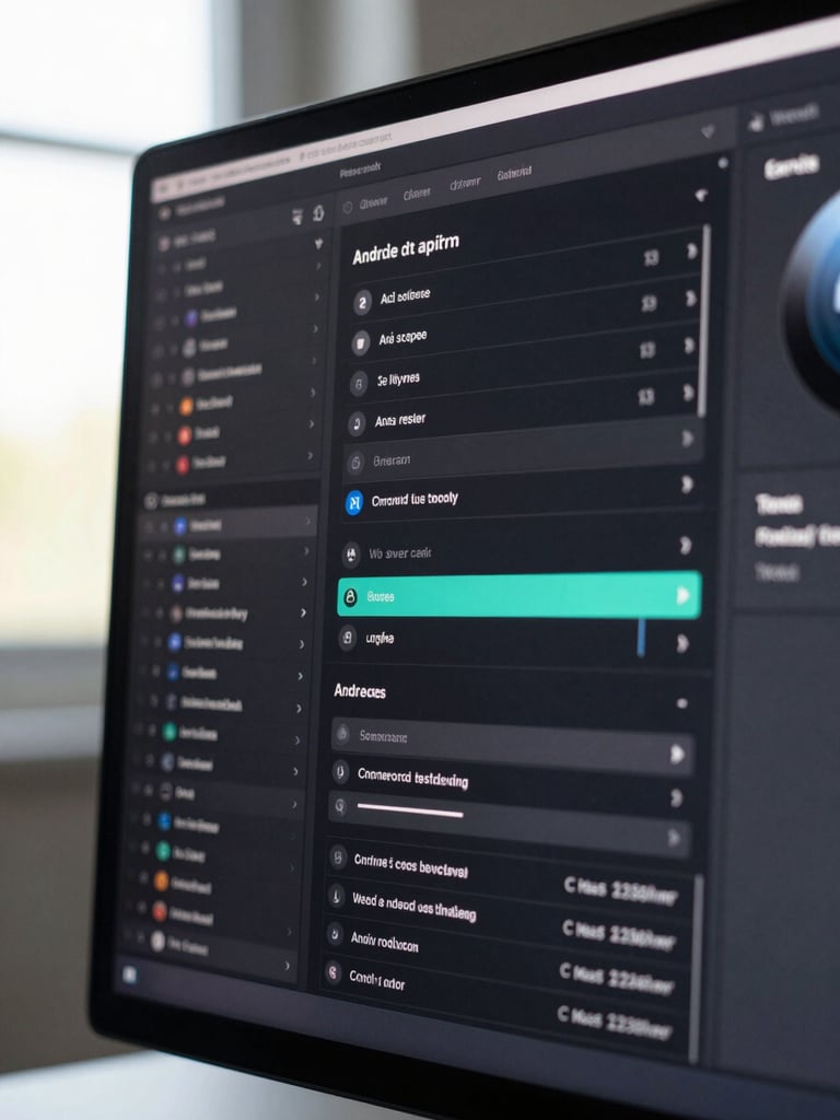 Close-up tight crop of an Android app interface displayed on a monitor screen, natural daylight from a window to the left, UI elements sharp and legible, dark editor background visible at edges