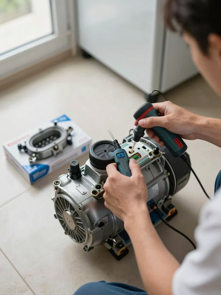 Close overhead view of technician hands pressing diagnostic scanner probes against fridge compressor terminals on a kitchen floor, genuine replacement part in original packaging visible beside the tools, natural light from a nearby window, tile floor of a Dubai apartment in background