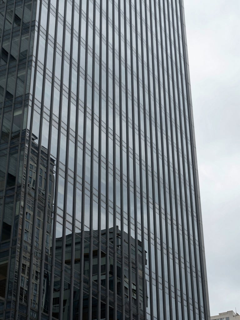 Architectural close-up of a glass-and-steel office tower facade at overcast morning, geometric reflections of grey sky, sharp vertical lines, no people, cold precision, downtown São Paulo atmosphere