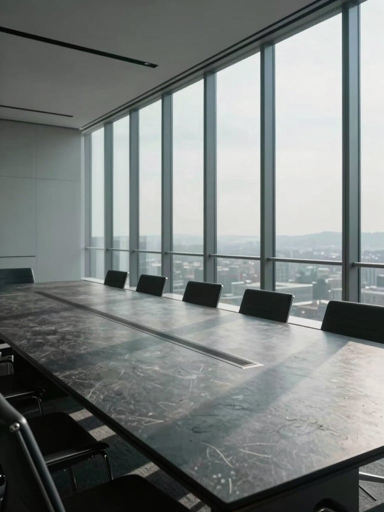 Wide panoramic interior of an empty contemporary corporate boardroom, floor-to-ceiling glass windows on the right, diffuse overcast daylight casting long horizontal shadows across a polished dark stone table, no people, architectural geometry, cold and precise atmosphere