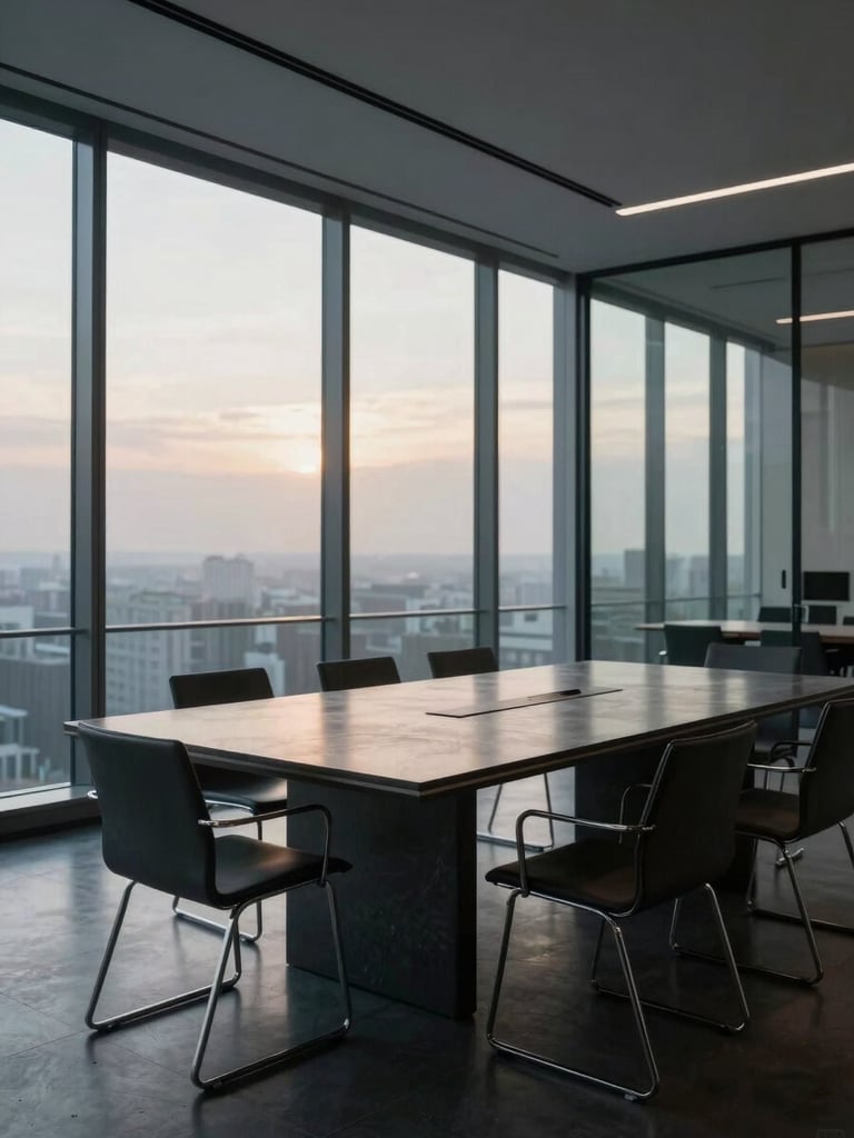 Wide shot of an empty contemporary boardroom at dawn, floor-to-ceiling windows casting long diffuse light across a polished dark stone table, minimal chairs, no figures, overcast sky visible beyond the glass, cold institutional atmosphere