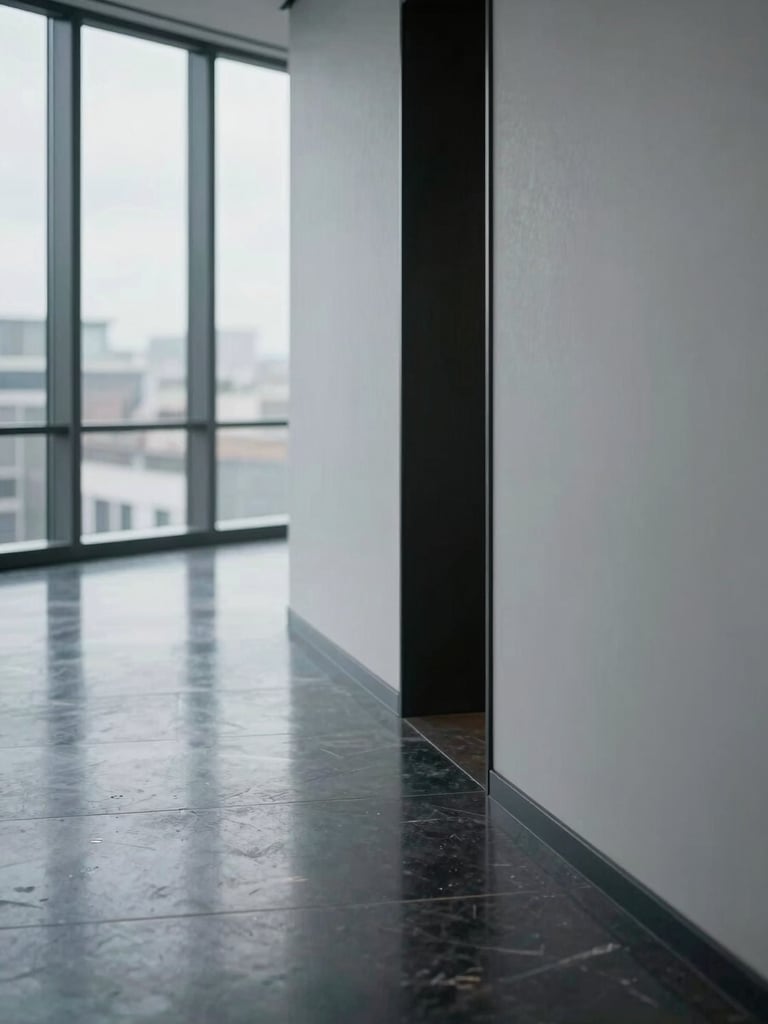 Close-up architectural detail of a contemporary office corridor, polished dark stone flooring reflecting diffuse window light, clean geometric lines, minimal furnishing, no people, cold and precise atmosphere, overcast daylight