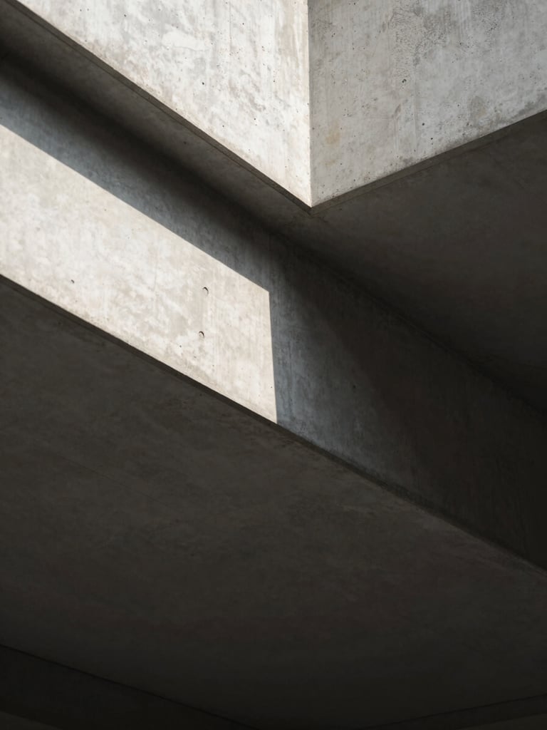 Strict orthogonal architectural elevation of a concrete ceiling joint, harsh raking sunlight, deep shadows, desaturated tones, 35mm tilt-shift lens