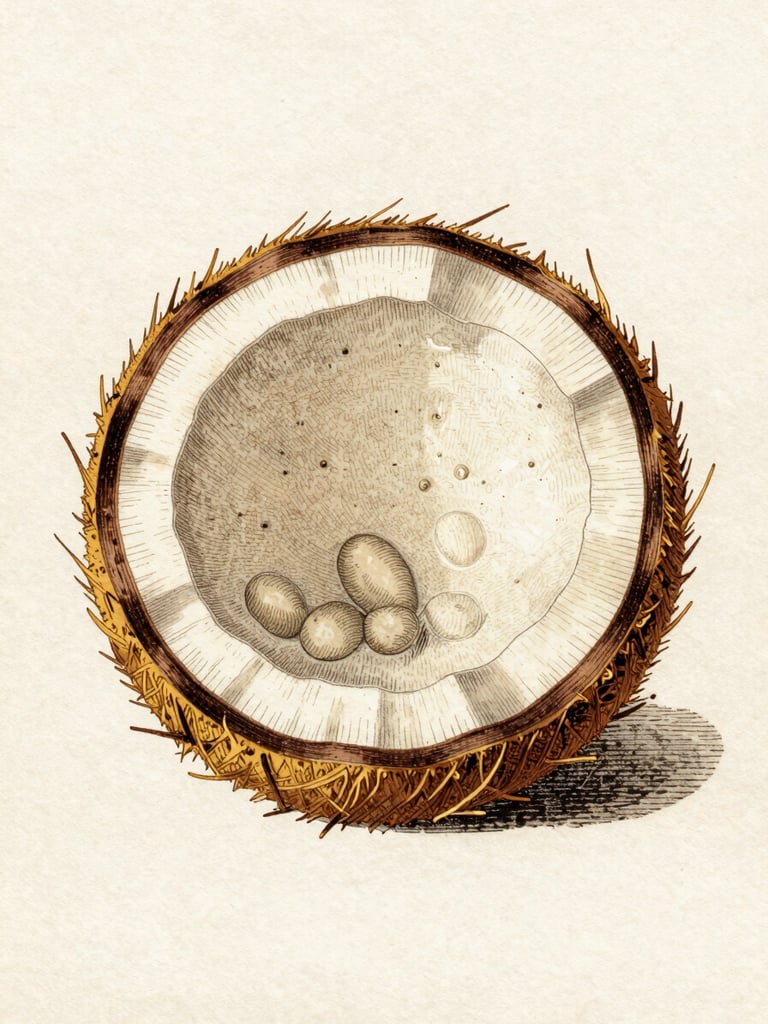 Vintage botanical engraving of Cocos nucifera cross-section on aged cream paper, showing detailed cellular structure of the endosperm, soft khaki and gold ink lines, historical scientific illustration style