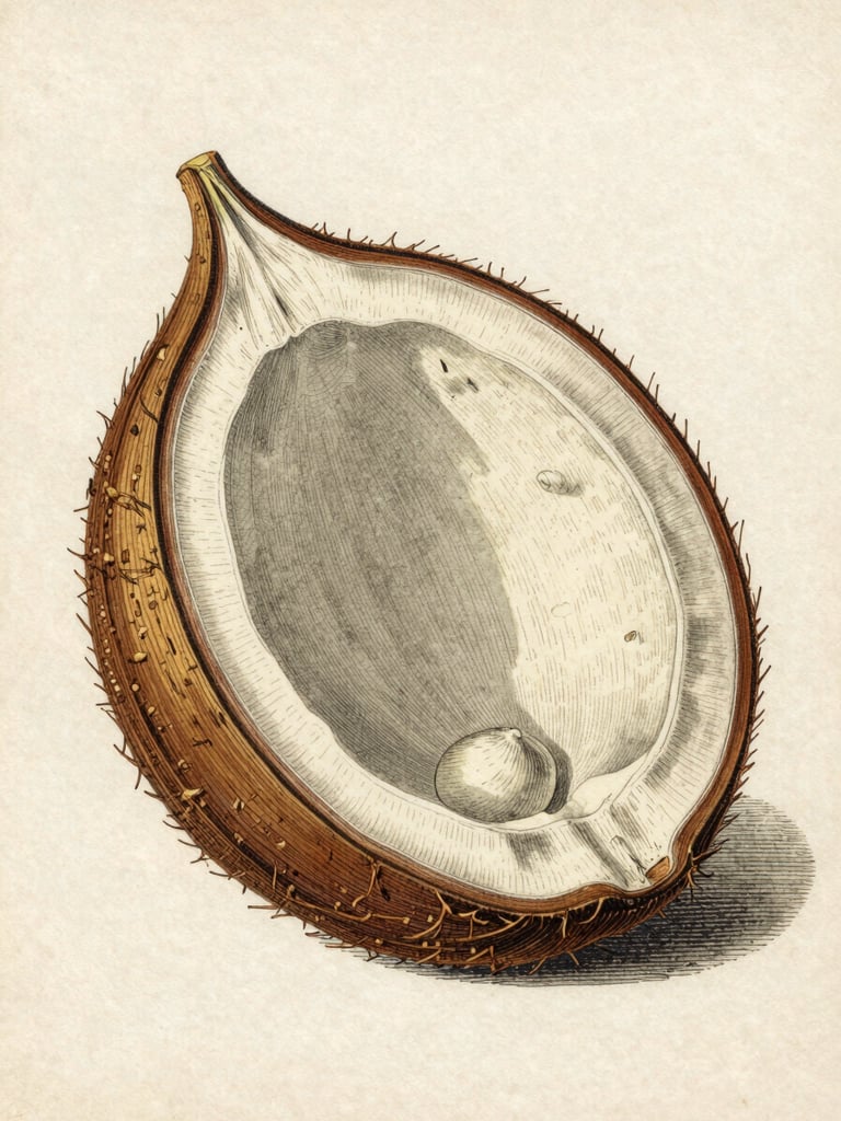 Detailed scientific engraving of Cocos nucifera fruit cross-section, showing the fibrous husk and internal albumen, vintage botanical illustration style, aged paper background