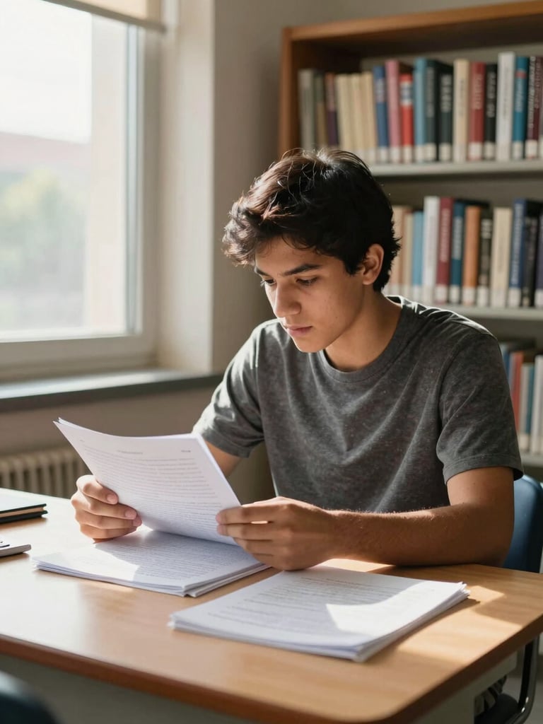Medium shot of a Latin American student seated at a library desk in a Chinese university, reviewing printed course materials under warm north-facing window light, bookshelves visible in the background, quiet focused atmosphere, natural daylight