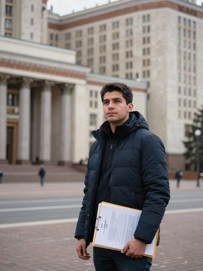 Medium shot of a Latin American man in his late twenties standing outside a classical university building in Moscow, winter light, stone facade visible, carrying a folder of documents, looking at the building rather than the camera, documentary realism, no tourist staging