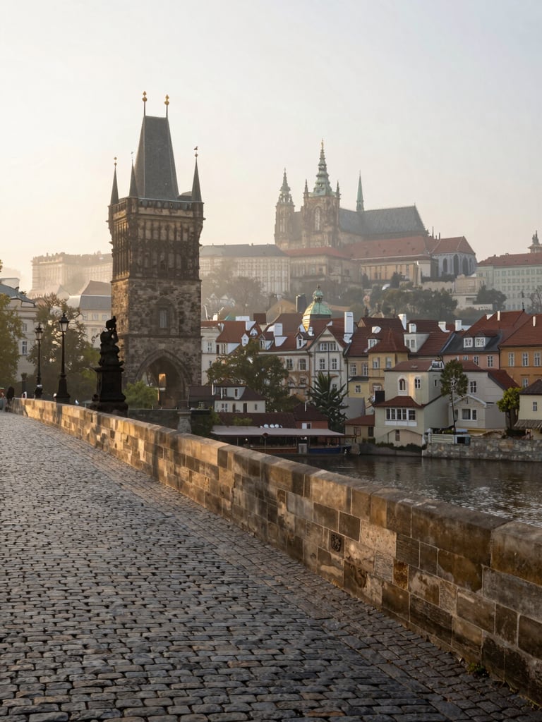 Wide environmental shot looking across the Charles Bridge toward Prague Castle at early morning, mist rising from the Vltava River, soft golden light grazing the stone towers from the left, foreground cobblestones visible, no people, documentary stillness