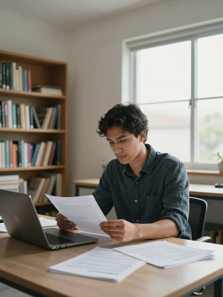 Wide interior shot of a minimal workspace, a young Latin American man in his late twenties seated at a desk reviewing printed documents and a laptop, bookshelves and a window with natural north-facing daylight behind him, documentary framing, calm and purposeful atmosphere, no posed smile