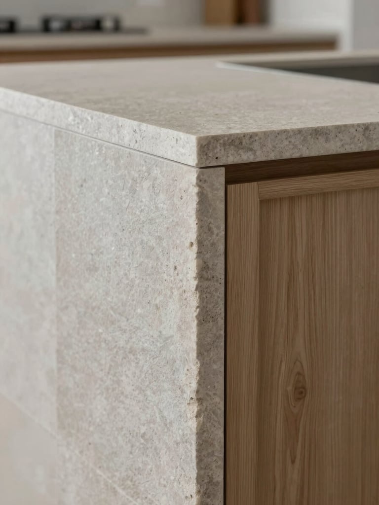 Close-up of a perfectly aligned stone-to-wood joint in a kitchen island, diffused side-lighting highlighting the texture of both materials, architectural interior photography, sharp focus, 35mm lens