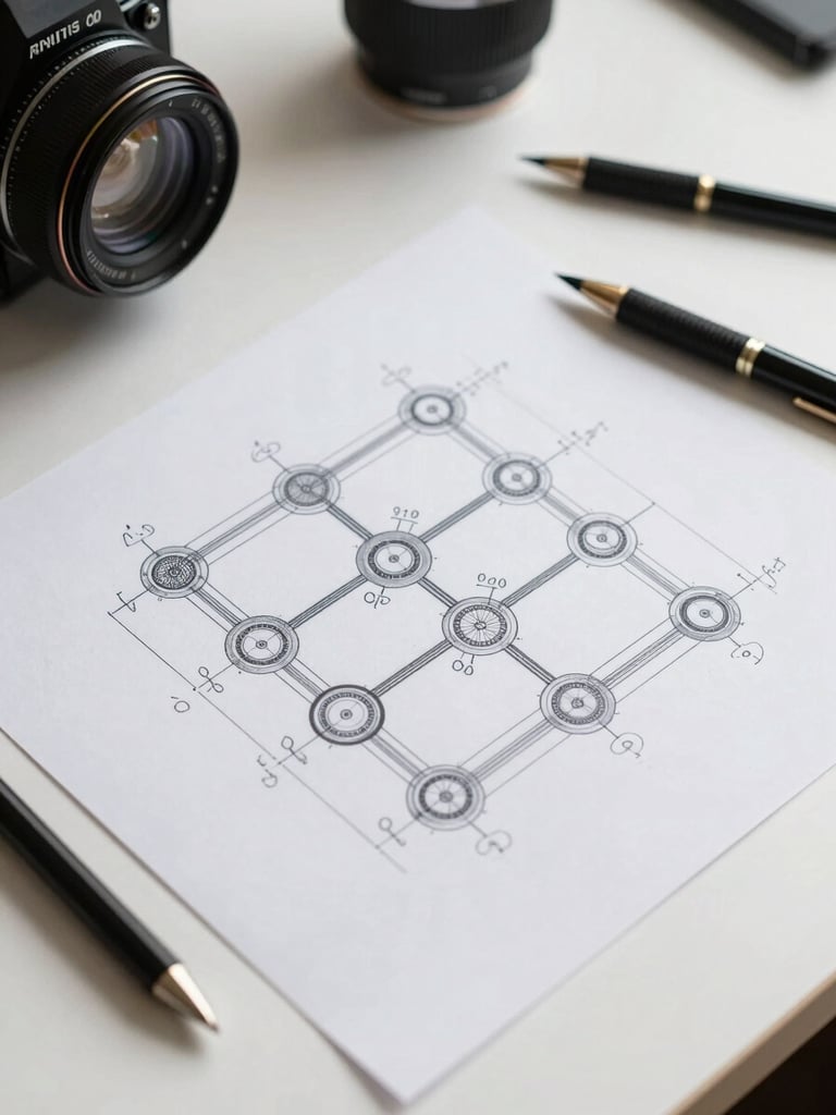 A crisp, high-contrast system architecture schematic on a clean white desk, technical drawing tools resting nearby, sharp daylight casting subtle shadows.