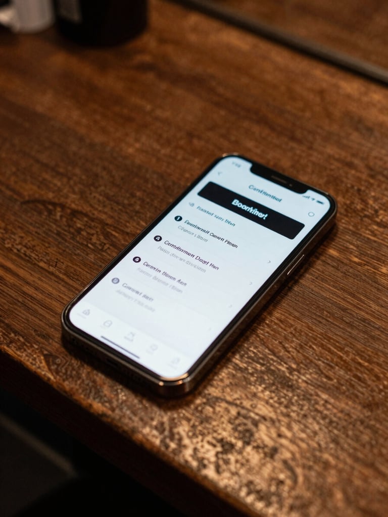 Close-up overhead of a smartphone lying on a dark wooden barbershop counter, screen displaying a confirmed booking notification with appointment time and client name, warm amber shop lighting casting a soft glow across the grain of the counter surface