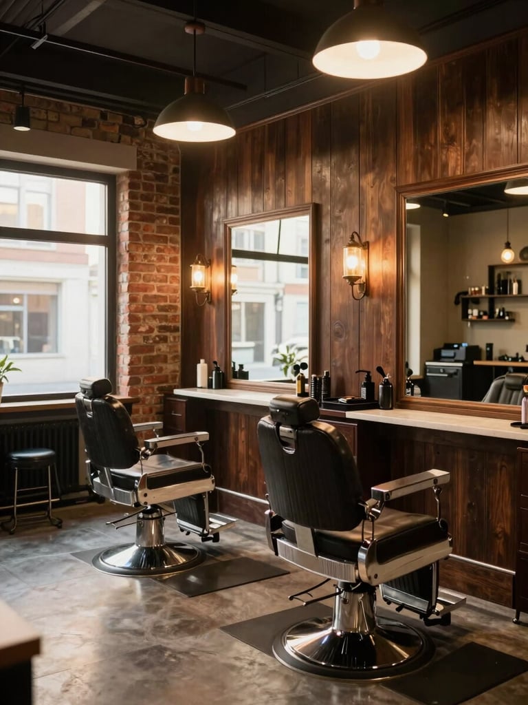 Wide environmental interior of a well-designed barbershop at opening hour — empty barber chairs, warm tungsten overhead lighting, a large mirror reflecting the space, exposed brick and dark wood panelling, golden-hour daylight entering through a front window to the left, atmospheric and still