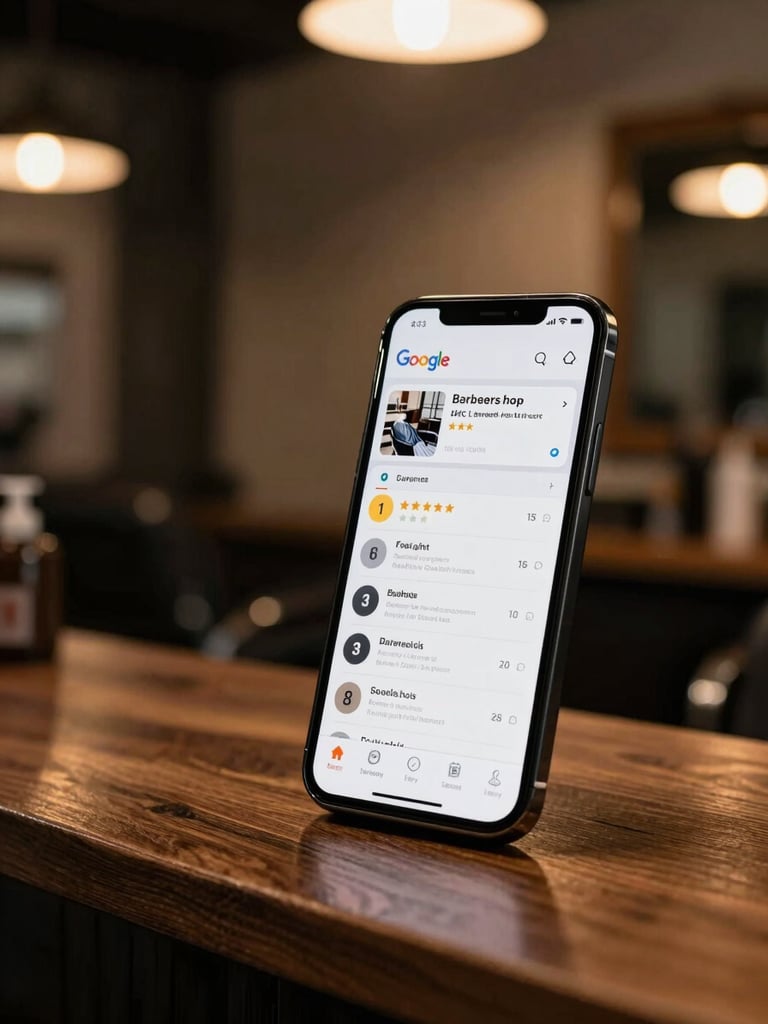 Smartphone displaying Google Maps search results for local barbershops on a wooden counter.