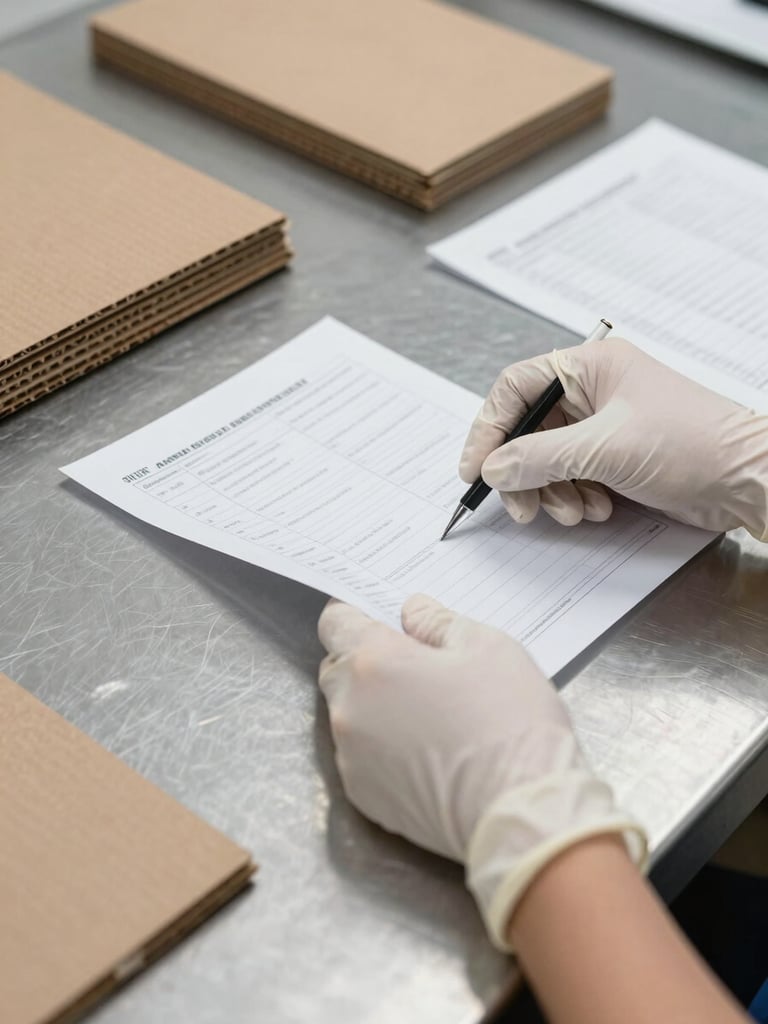 Close-up of hands in nitrile gloves checking packaging material specifications on a stainless steel workbench under bright studio overhead lighting, folded corrugated board samples and printed spec sheets visible, mid-task and purposeful