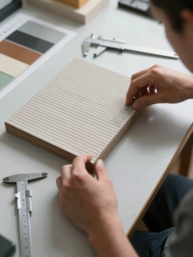Close overhead view of hands adjusting a corrugated packaging specification on a workbench, material samples and calipers visible, bright studio lighting from above showing texture and structural detail of the board stock