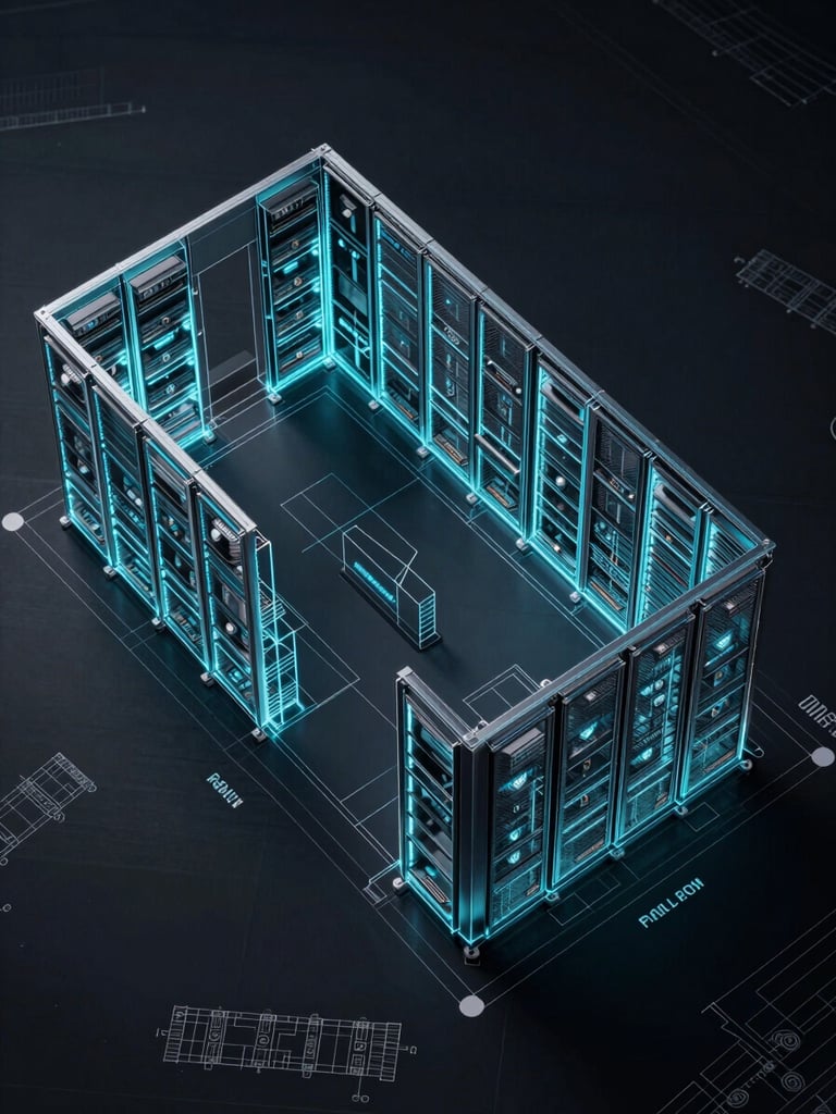 Top-down architectural blueprint of a modern retail shop and server room layout, technical blueprint lines on dark background, high-contrast cyan accents
