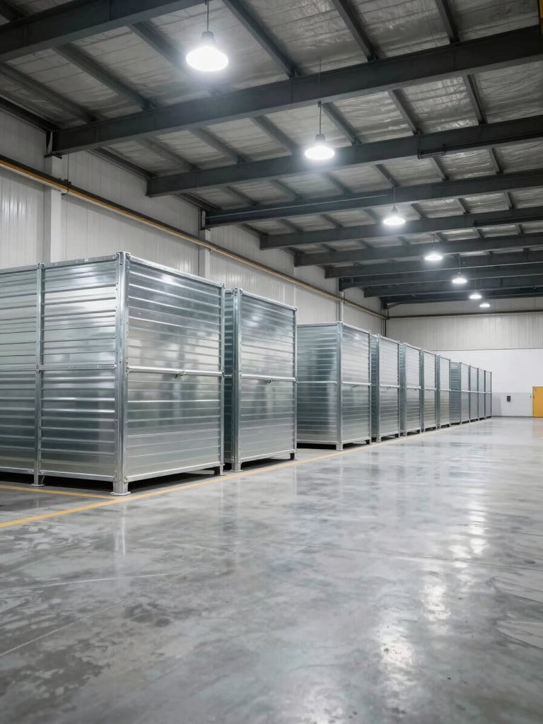 Wide angle shot of a clean, bright warehouse interior in Al Quoz, showing neat rows of steel storage units under high-contrast industrial lighting, concrete floor reflecting the overhead lights.