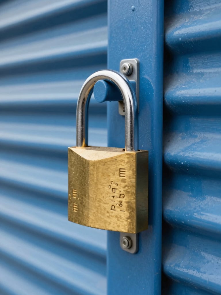Macro close-up of a heavy-duty brass padlock secured on a clean blue corrugated steel roll-up warehouse door, bright high-contrast industrial lighting