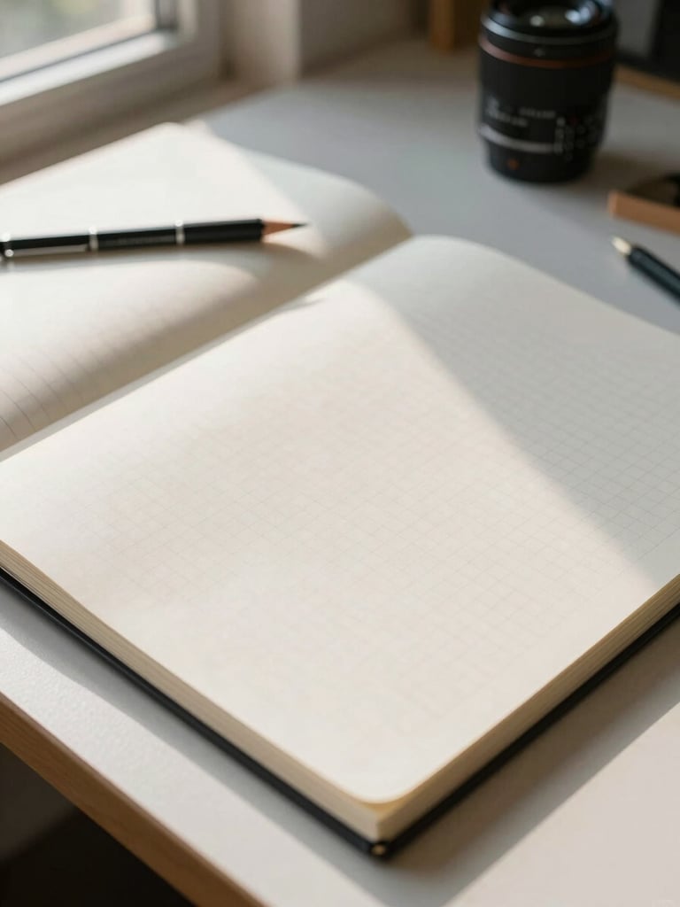 Wide-angle view of a clean studio workspace — an open sketchbook with precise grid lines, a mechanical pencil resting at the edge, warm window light raking across the paper from the upper left, generous empty space to the right