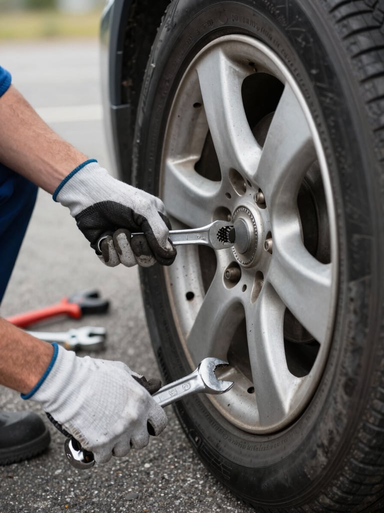Extreme close-up of a technician's gloved hands using a wrench to remove a flat tire from a vehicle wheel hub, harsh overcast daylight, asphalt road surface visible below, tools laid out in background