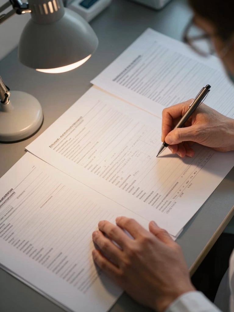 Close overhead view of expert hands annotating a spread of medical records on a dark desk, warm tungsten task lamp casting focused light across the document pages, handwritten margin notes visible