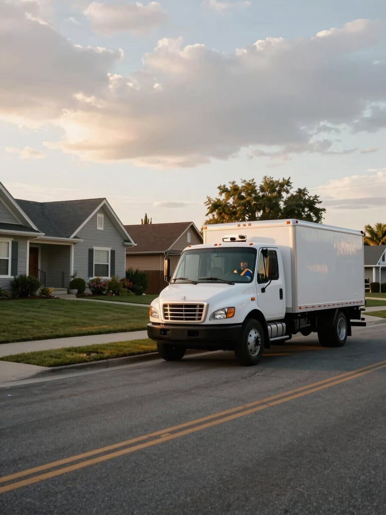 Wide environmental shot looking left along a residential street at golden hour, a white propane delivery truck parked curbside in the right third, driver offloading a tank in workwear, overcast daylight, real yard and home visible in background, no people smiling at camera